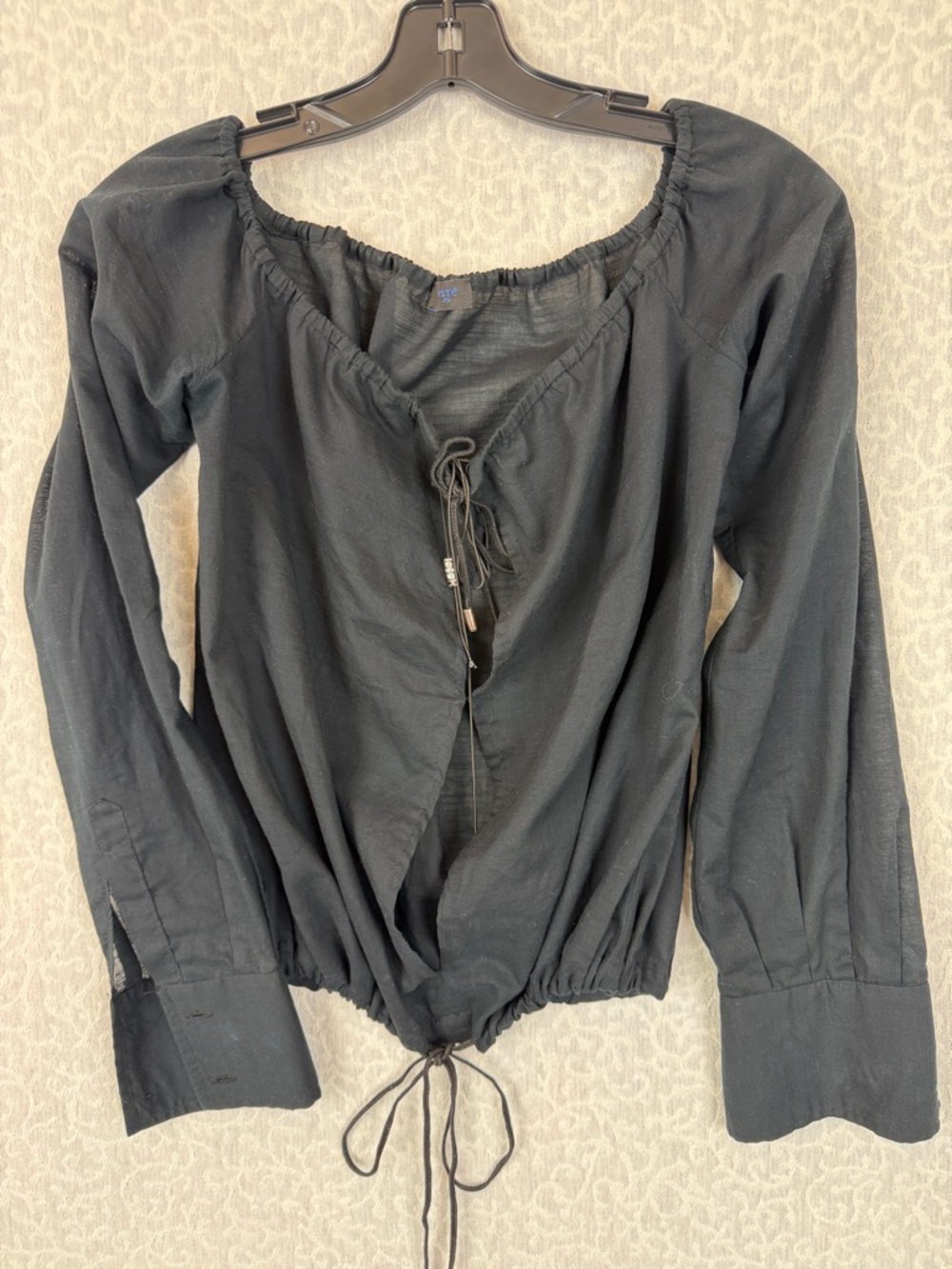 Exte Black Drawstring Peasant Top Batiste Lightweight Long Sleeve Boho Small Vtg